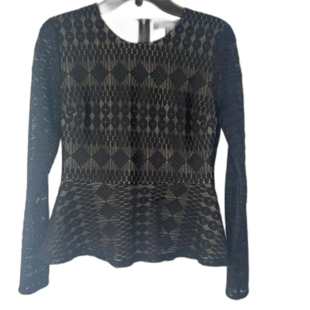 BCBGMaxazria Michelle Black Lace Peplum Full Back Zip Top Size‎ Small